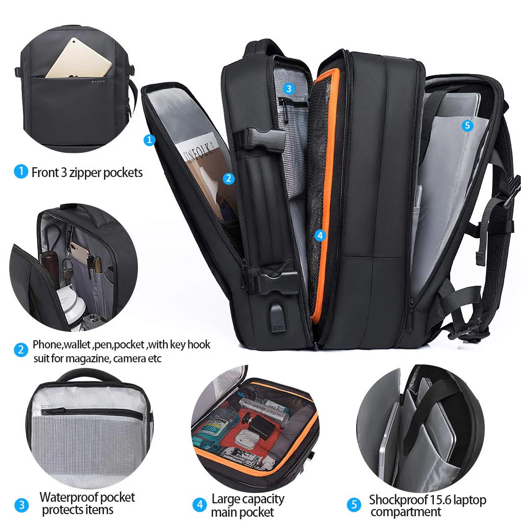 BANGE - 1908 35L Smart Travel Backpack with USB Port Fit for 17.3 - Image 3