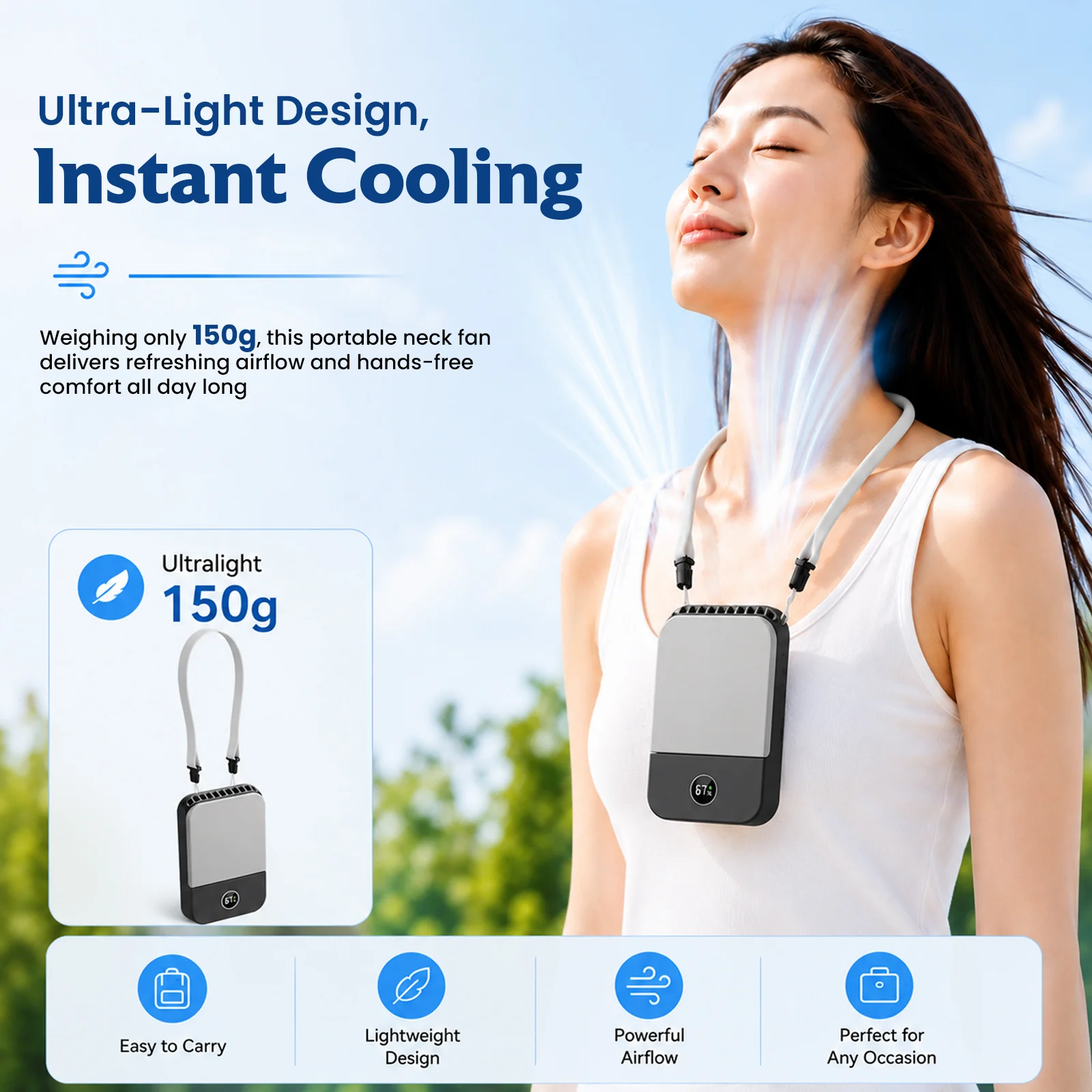 DQ205 Portable Neck Fan with LCD Display Rechargeable & 3-Speed Airflow - Image 12
