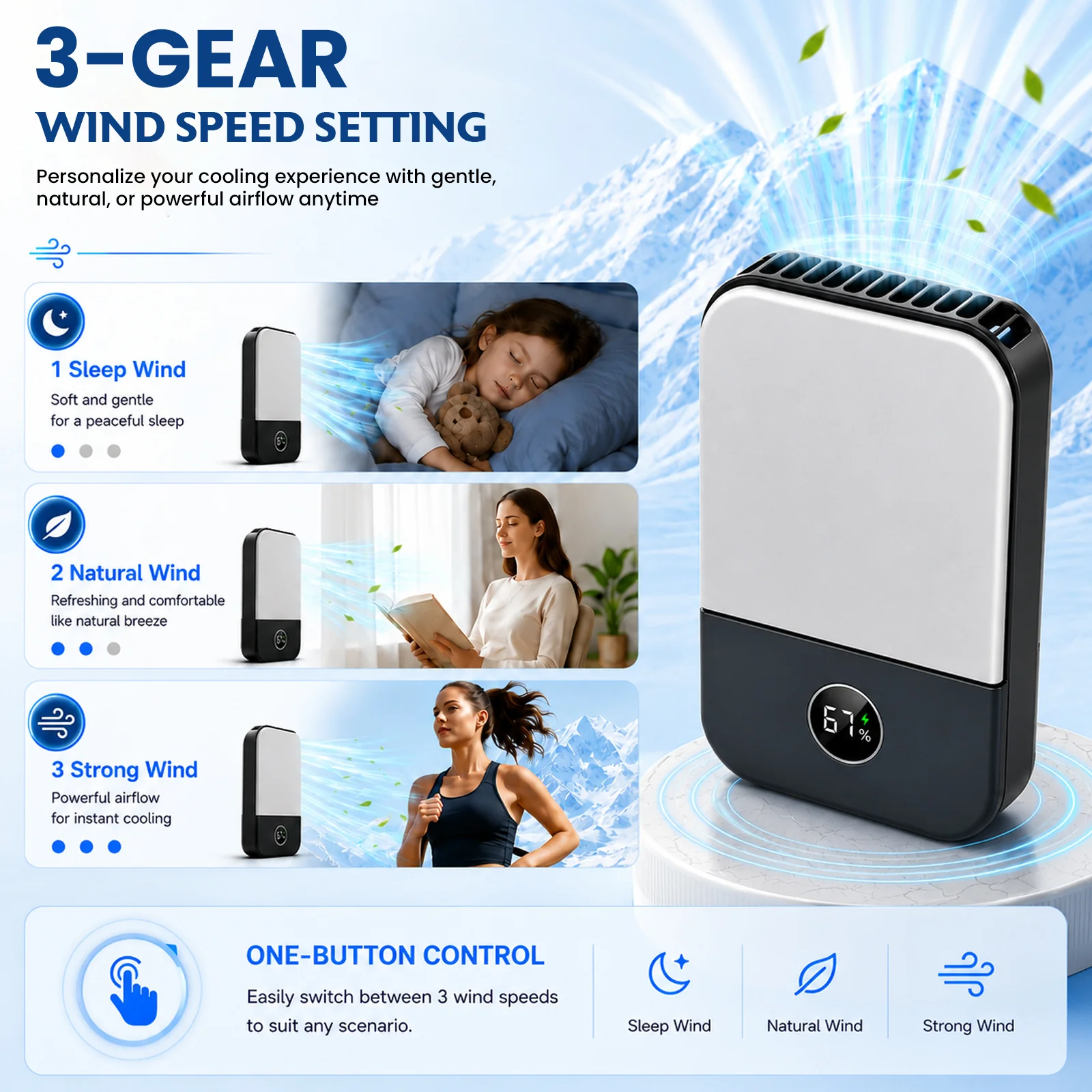 DQ205 Portable Neck Fan with LCD Display Rechargeable & 3-Speed Airflow - Image 4