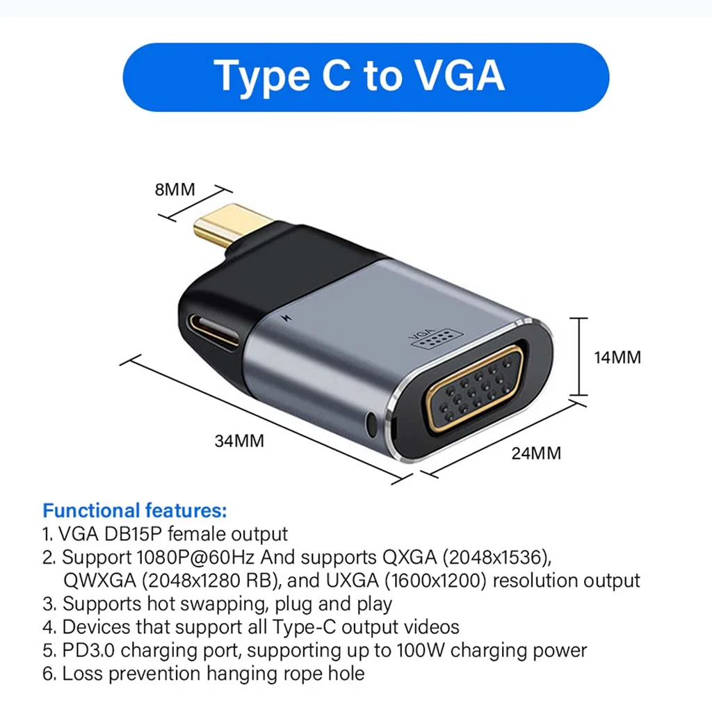 TECPHILE - 2-in-1 Type-C Male to VGA + Type-C 100W PD Female Adapter - Image 2
