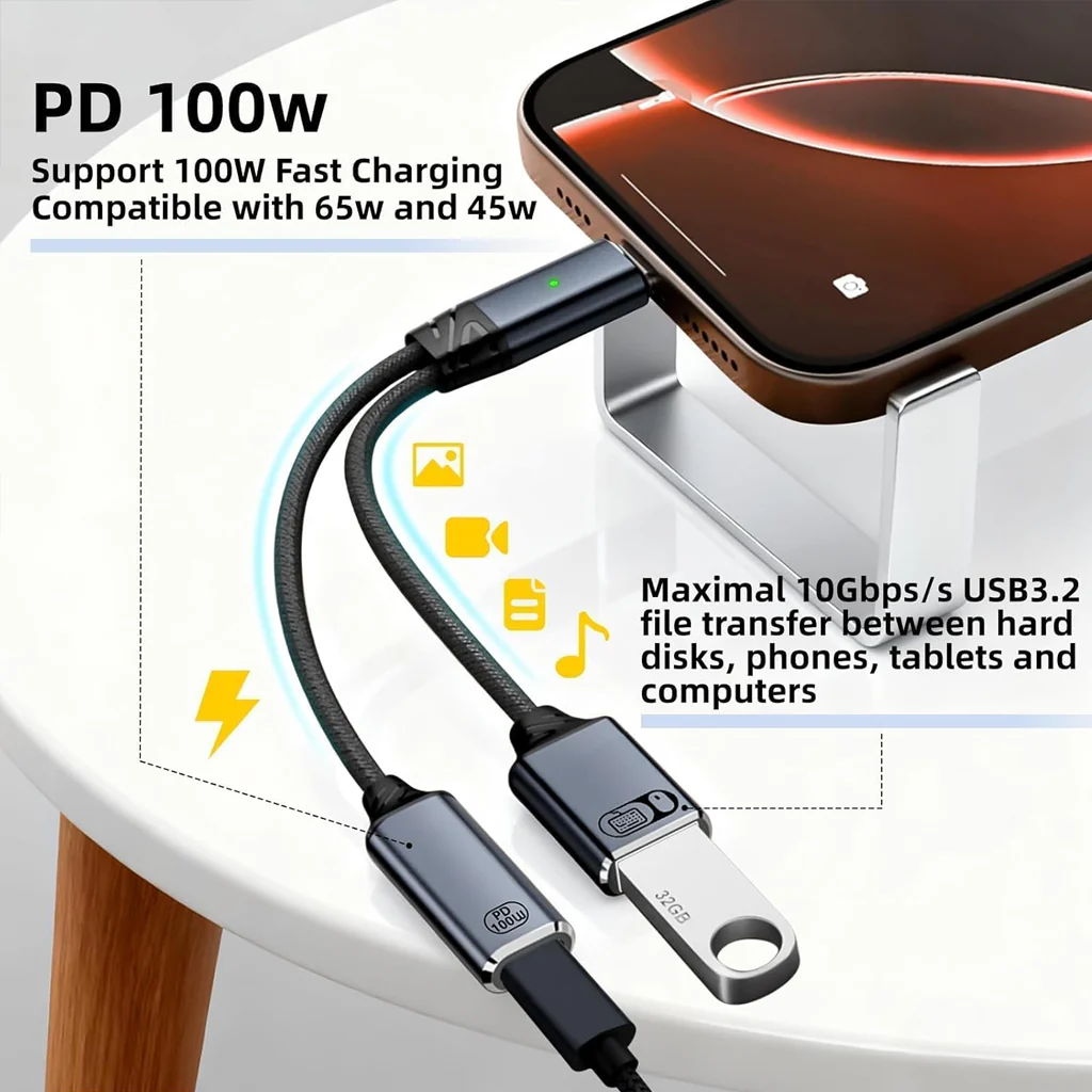 TECPHILE- 2-in-1 Type-C to 100W PD USB C/USB-A OTG Splitter Cable (13CM) - Image 3
