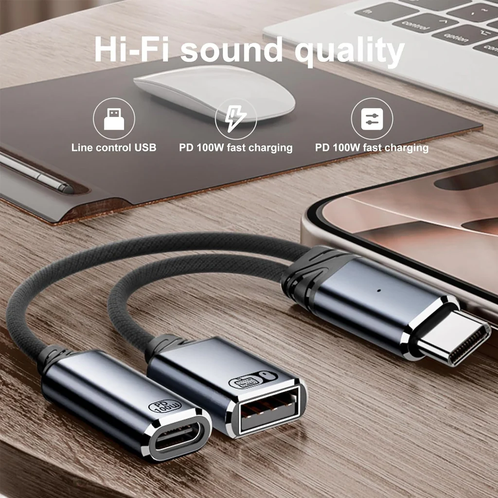 TECPHILE- 2-in-1 Type-C to 100W PD USB C/USB-A OTG Splitter Cable (13CM) - Image 5