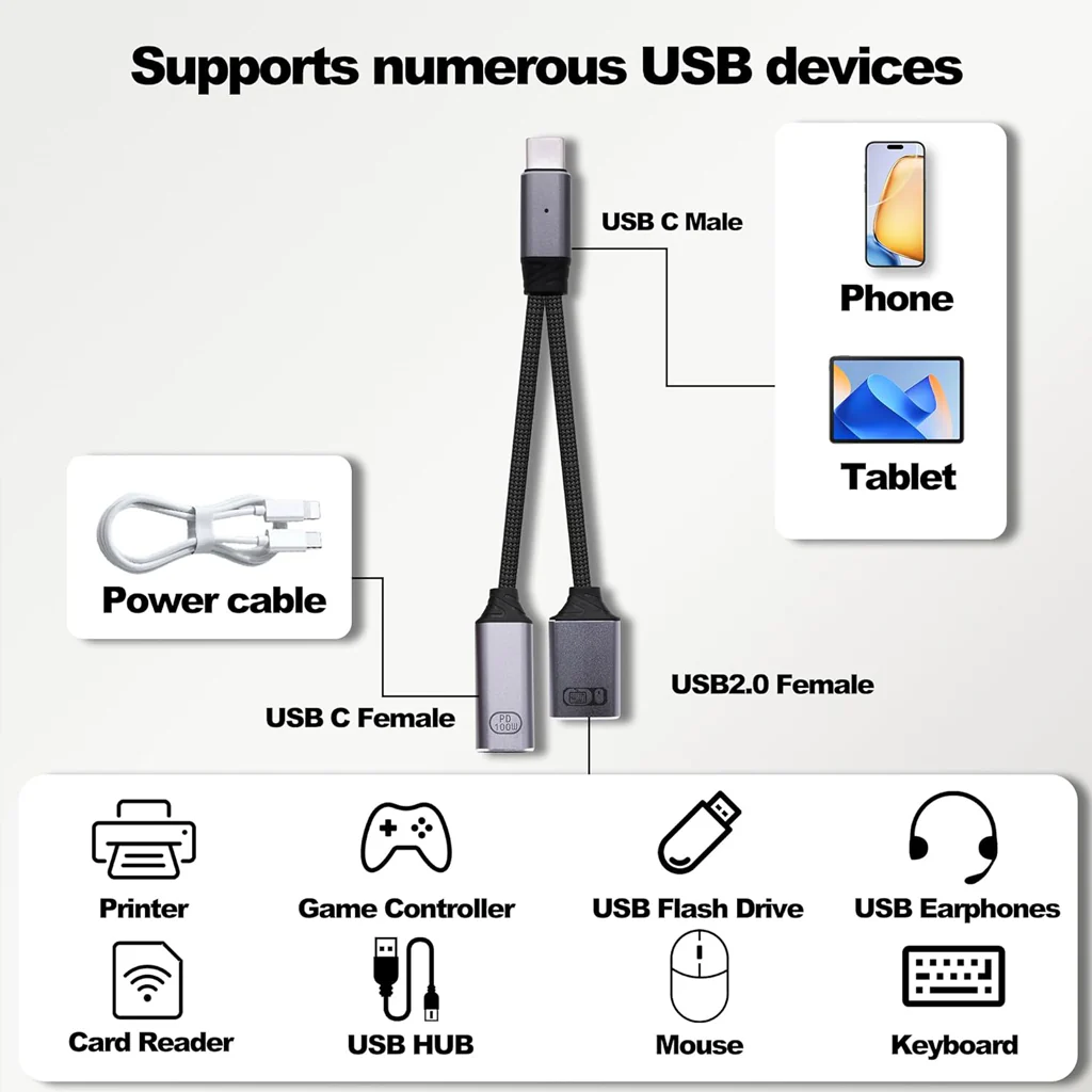 TECPHILE- 2-in-1 Type-C to 100W PD USB C/USB-A OTG Splitter Cable (13CM) - Image 9