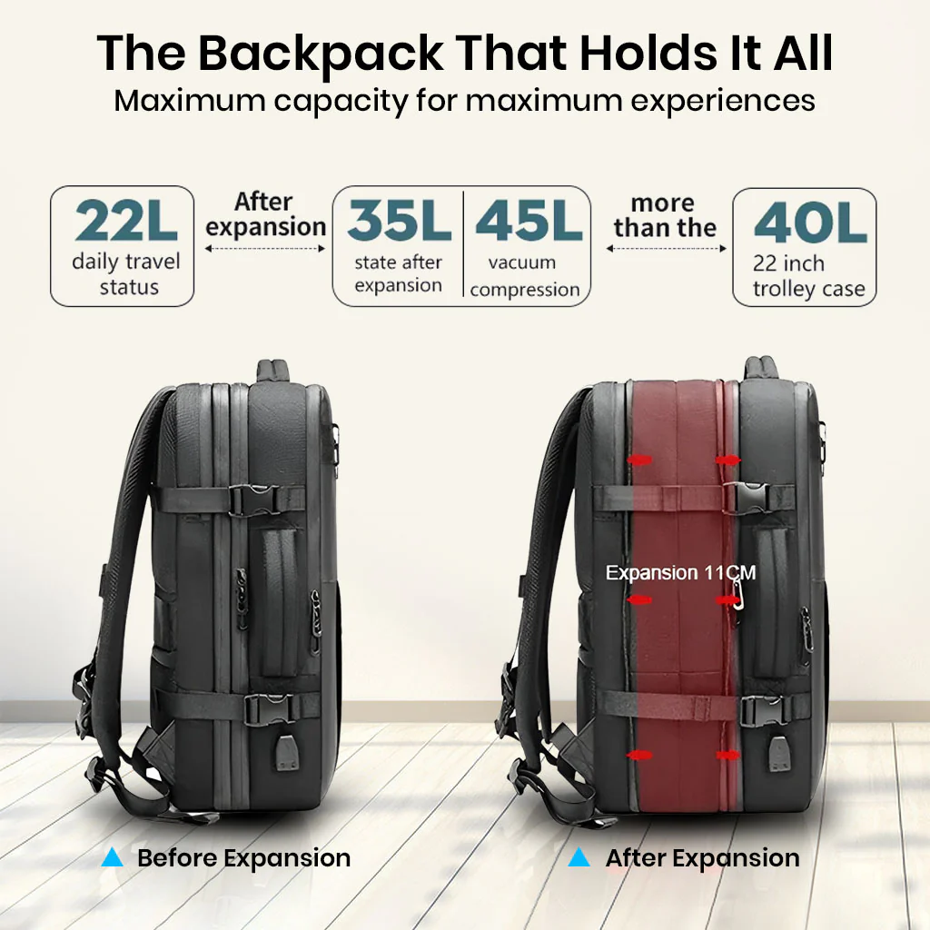 TECPHILE - 8081 Airpack Travel Vacuum Backpack Laptop Bag for Men 22L-45L Expandable - Image 9