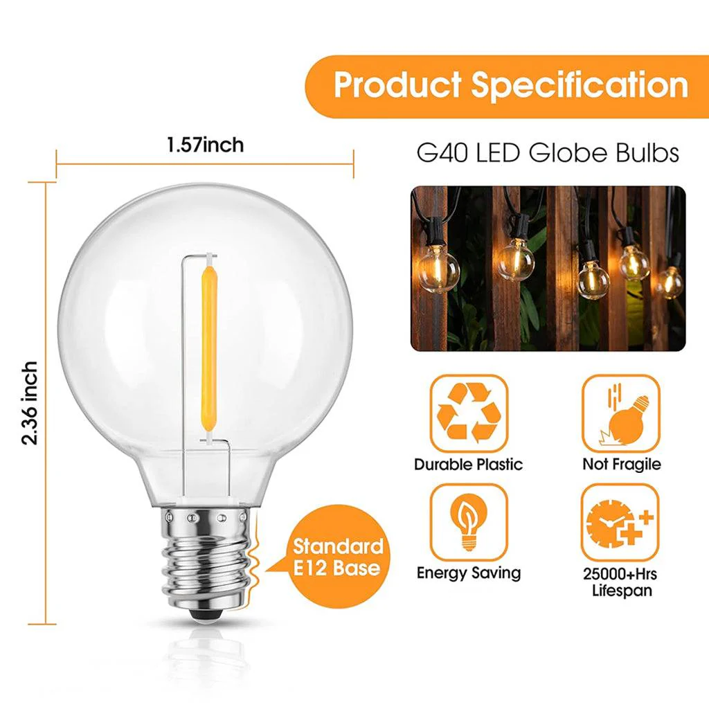 TECPHILE - G40 String Light Replacement Bulbs Shatterproof E12 Base (Warm White) - Image 4