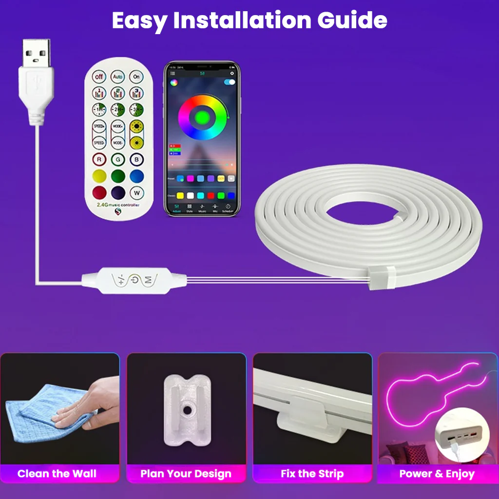 TECPHILE RGBIC Neon LED Strip Light 5V Adapter - Image 4