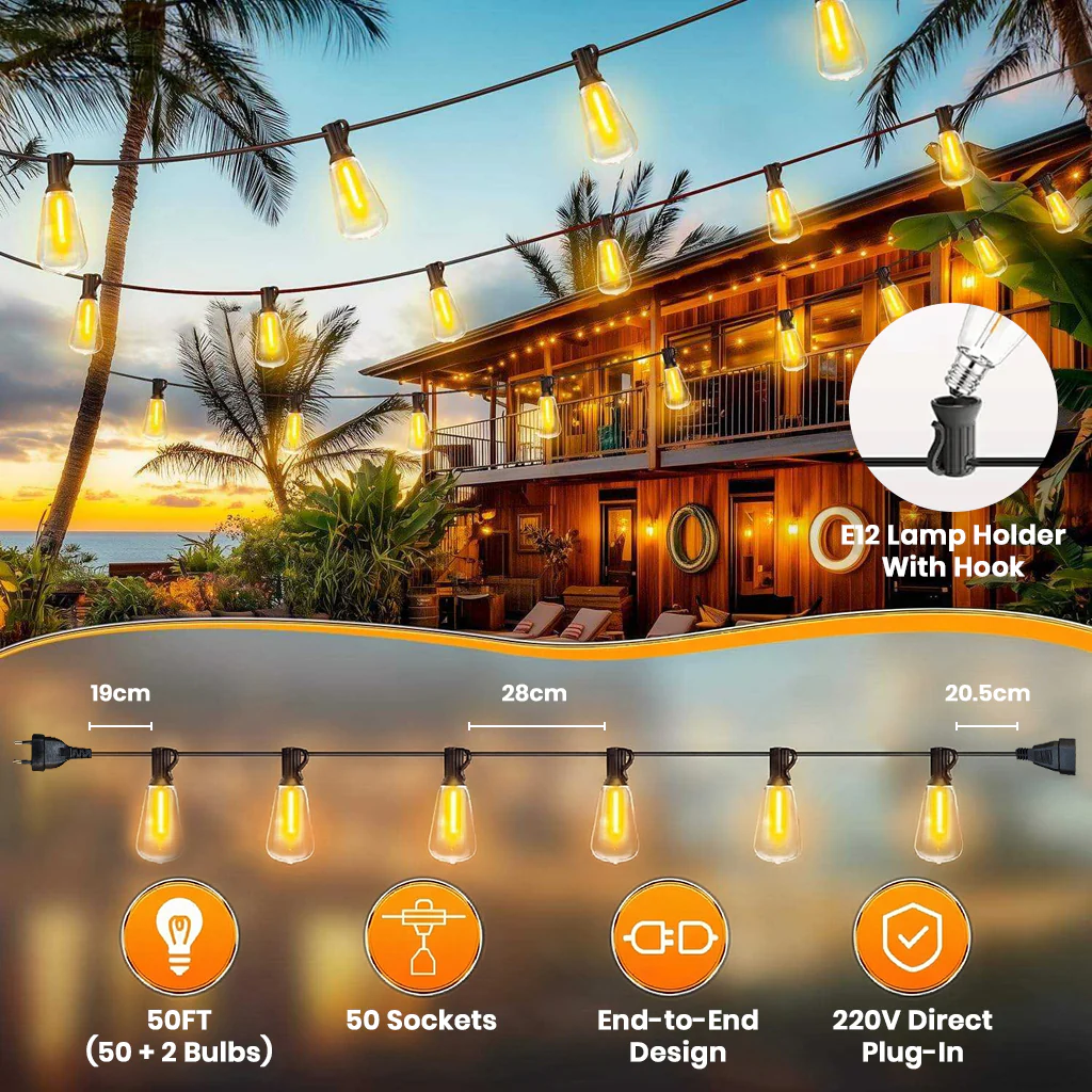 TECPHILE – ST38 50ft Outdoor String Lights Waterproof & Shatterproof Bulbs - Image 10