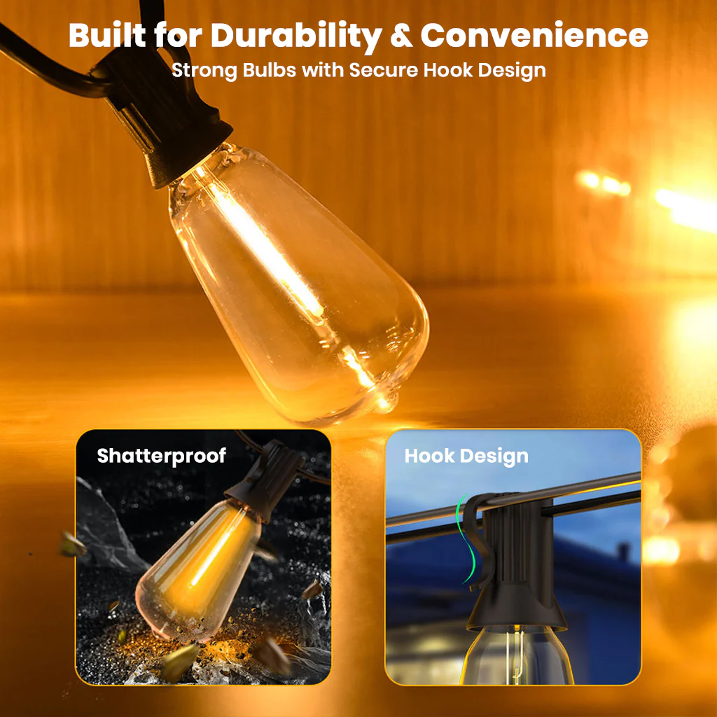 TECPHILE – ST38 50ft Outdoor String Lights Waterproof & Shatterproof Bulbs - Image 3